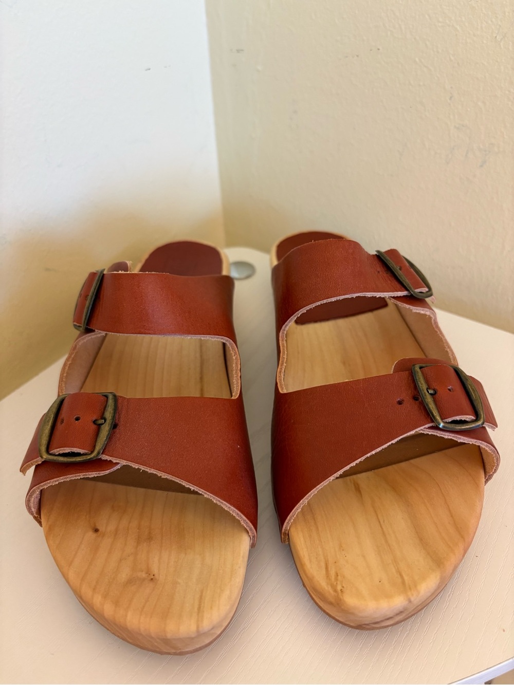Women's Rust Double-Buckle Wooden Footbed Mules